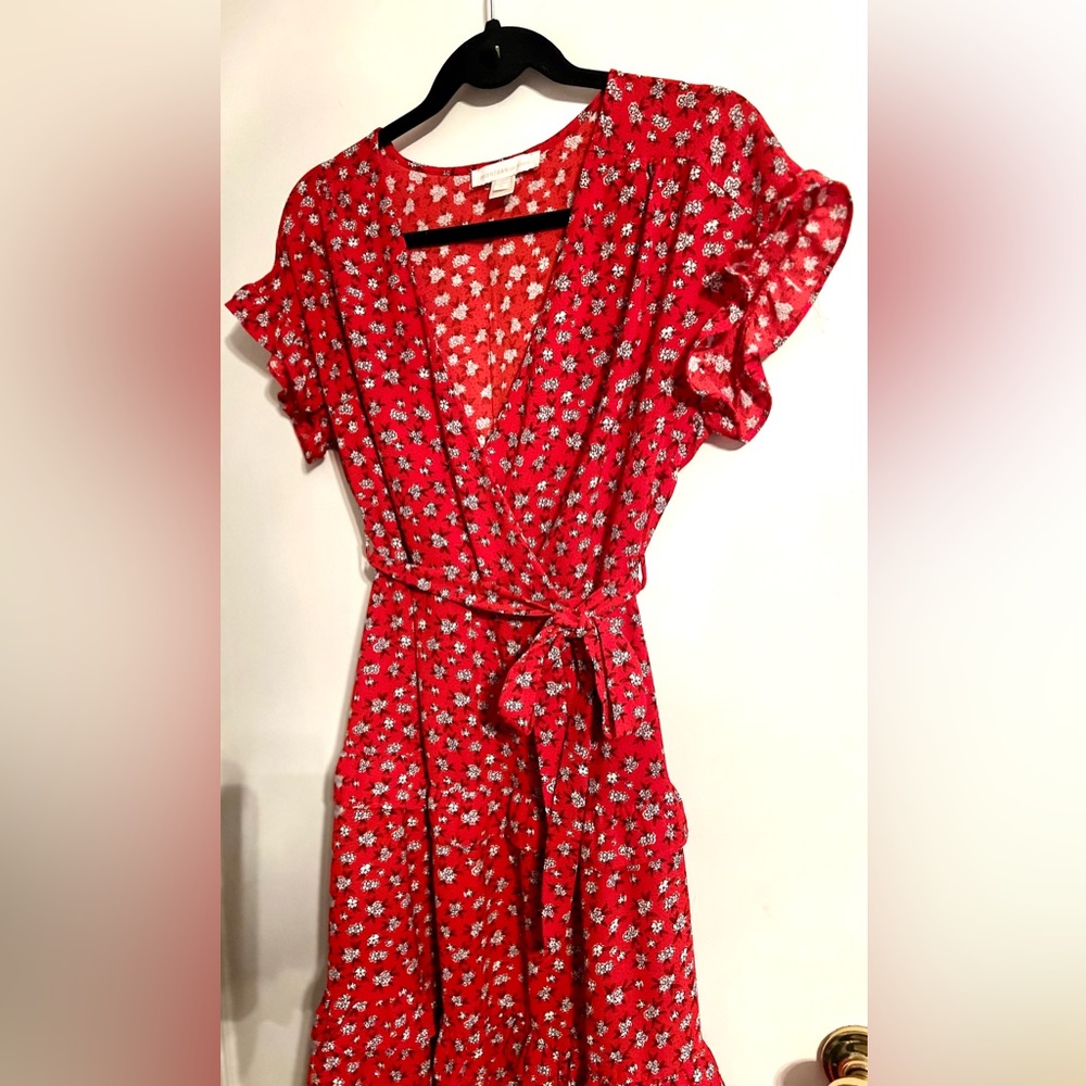Monteau Red Floral Wrap-Style Dress with White Print - Picture 2 of 6